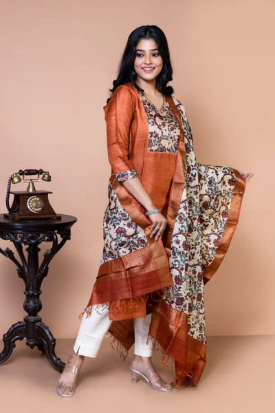 Tussar Silk Kurta Only in Rust Colour (Kurta Only)-2 -Ramdhanu