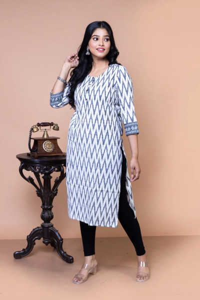 Gray and white Handloom Ikkat Kurta-2 -Ramdhanu