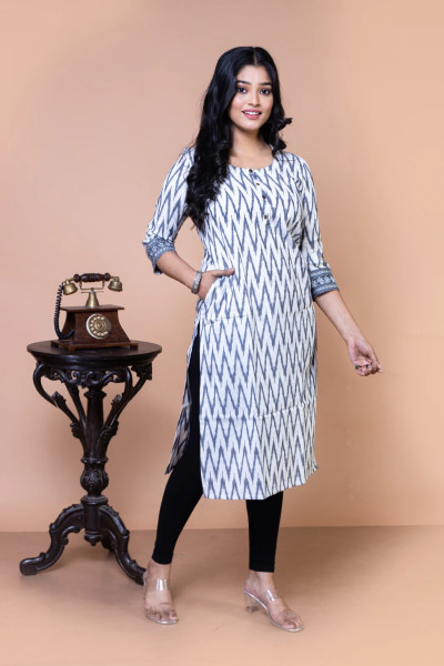 Gray and white Handloom Ikkat Kurta-1 -Ramdhanu