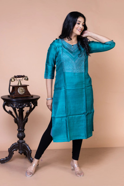 Sea Green Tussar Silk Kurta-1 -Ramdhanu