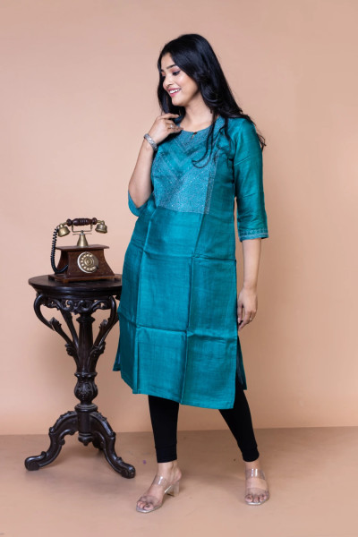 Sea Green Tussar Silk Kurta-2 -Ramdhanu