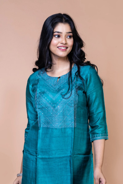 Sea Green Tussar Silk Kurta-3 -Ramdhanu