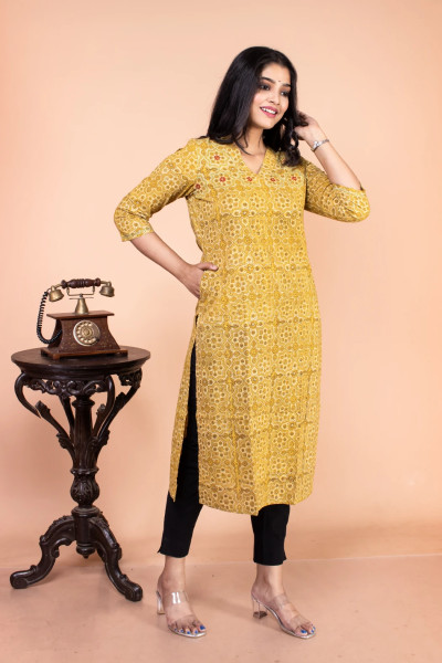 Yellow Printed Cotton Kurta-1 -Ramdhanu