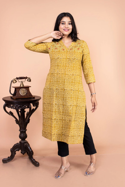 Yellow Printed Cotton Kurta-2 -Ramdhanu