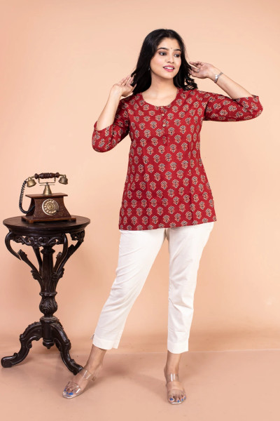 Red Ajrak Short Top for Women-1 -Ramdhanu