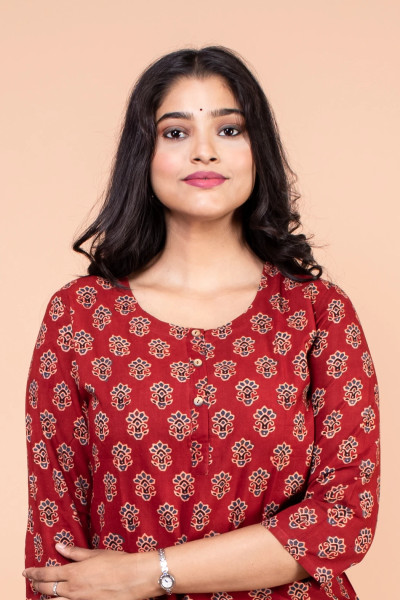 Red Ajrak Short Top for Women-3 -Ramdhanu