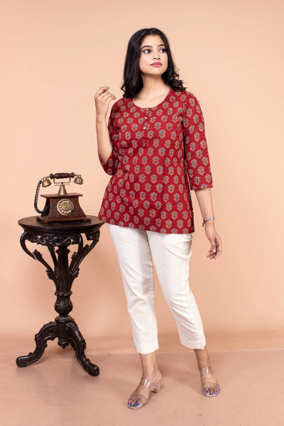 Red Ajrak Short Top for Women-2 -Ramdhanu