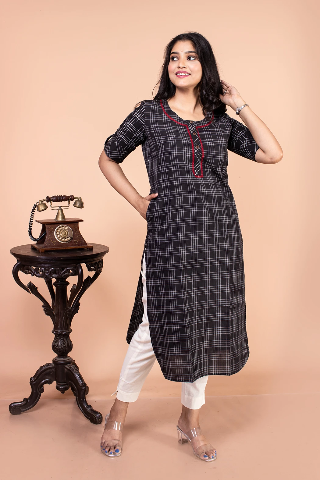 Handloom Black Checks Kurta Extended Size-1 -Ramdhanu