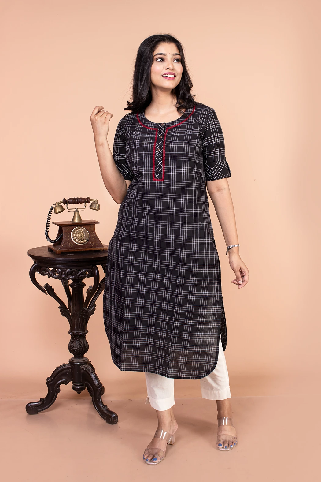 Handloom Black Checks Kurta Extended Size-2 -Ramdhanu