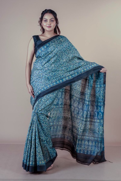 Indigo Blue And Green Mulberry Silk Ajrak Block Print Saree -Ramdhanu Ethnic