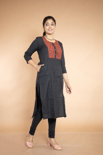 Black And Red Cotton Premium Handloom Kurti -Ramdhanu Ethnic