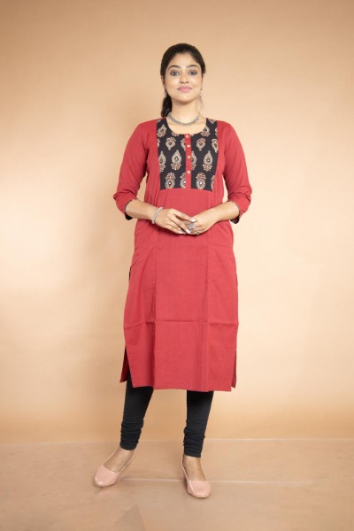 Red And Black Cotton Premium Handloom Kurti -Ramdhanu Ethnic