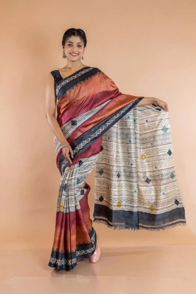 Maroon Tussar Silk Printed Elegant Saree look -Ramdhanu Ethnic