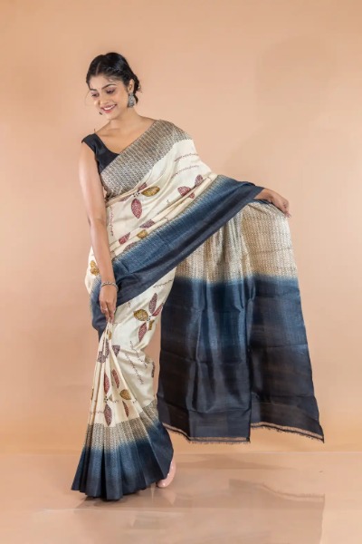 Beige and Grey Printed Tussar Silk Saree -Ramdhanu Ethnic