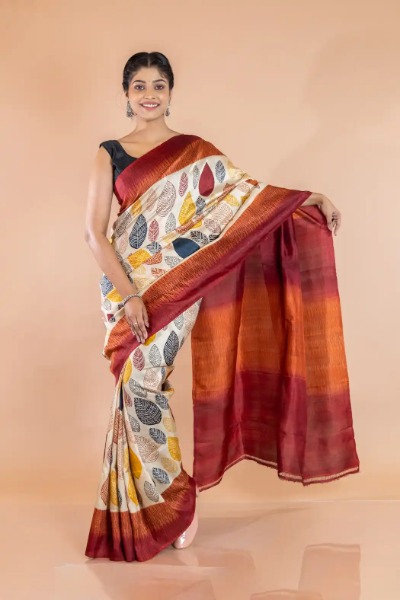 Modern Soft Silk Saree in Multicolor Leaf Motif -Ramdhanu Ethnic