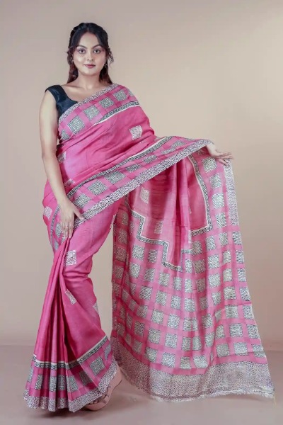 Block Printed Pure Tussar Pink Colour Saree -Ramdhanu Ethnic