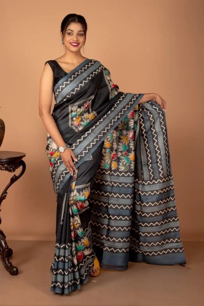 Black Tussar Silk Saree Handpainted with Multicolor Floral Motifs -Ramdhanu Ethnic