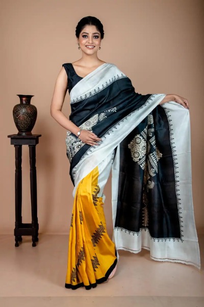 Black and Yellow saree in Mulberry Silk in Tribal Style -Ramdhanu Ethnic