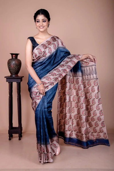 Bluish Grey Colour Saree in Printed Mulberry Silk -Ramdhanu Ethnic