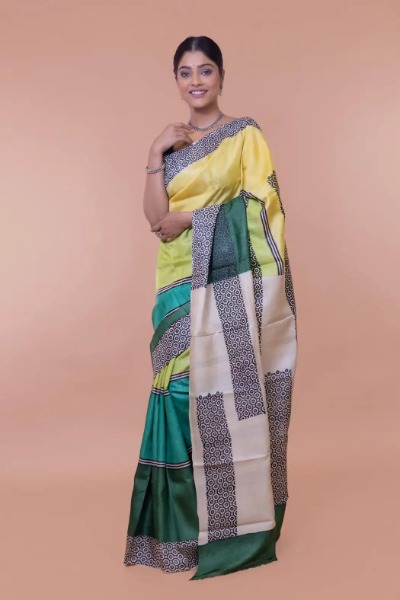 Bright Green Tussar Silk Saree Online -Ramdhanu Ethnic