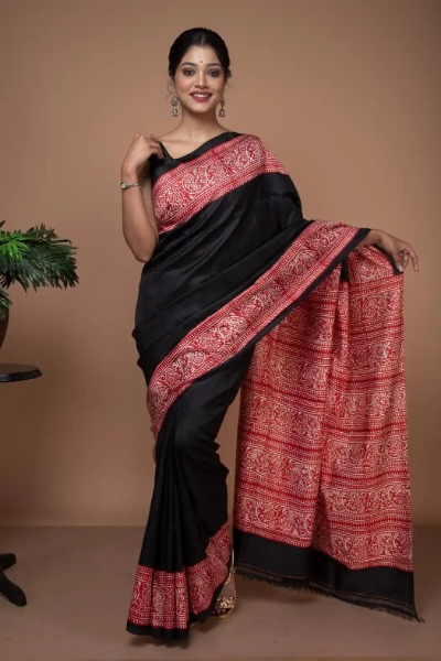 Traditional Look in Black and Red Silk Saree -Ramdhanu Ethnic