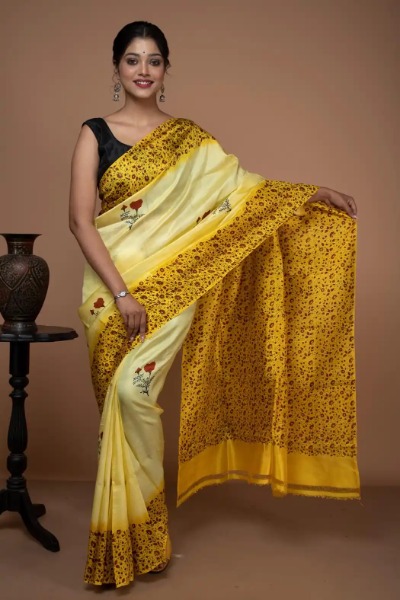 Yellow And Red Silk Saree in Floral Motifs -Ramdhanu Ethnic
