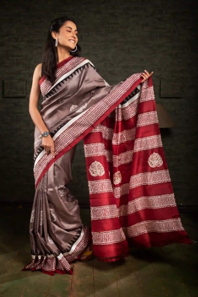 Traditional Style Light Brown Silk Saree -Ramdhanu Ethnic