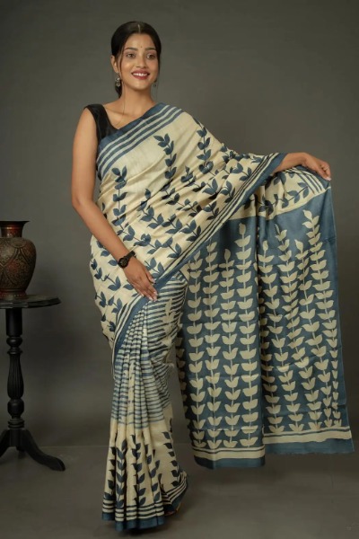 Indigo Blue with Silver Border Linen Saree – The Boho Couture India