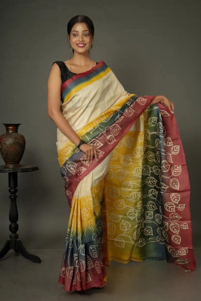Multicolour Tussar Silk Saree Handpainted in Leaf Motifs -Ramdhanu Ethnic