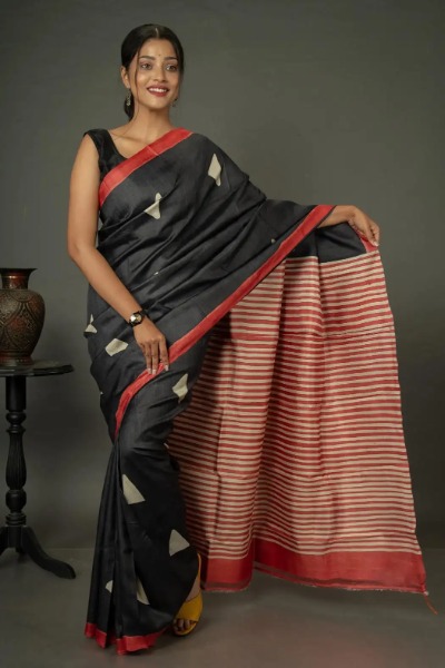 Handloom Tussar Silk Saree in Vibrant Black and Red Combination -Ramdhanu Ethnic