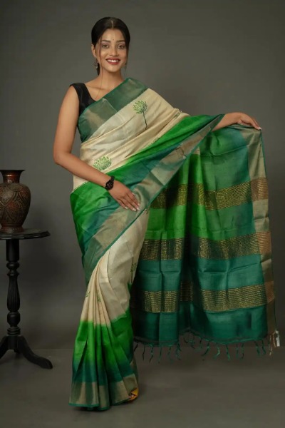 Pure White Plain Linen Saree with Silver Green Border - Loomfolks