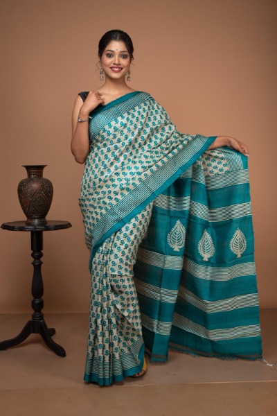 Firoza Colour Block Printed Tussar Silk Saree -Ramdhanu Ethnic
