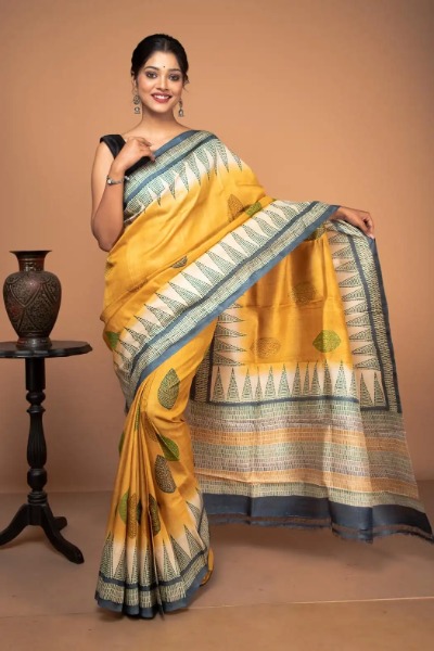 Hand Block Printed Golden Yellow Tussar Silk Saree -Ramdhanu Ethnic