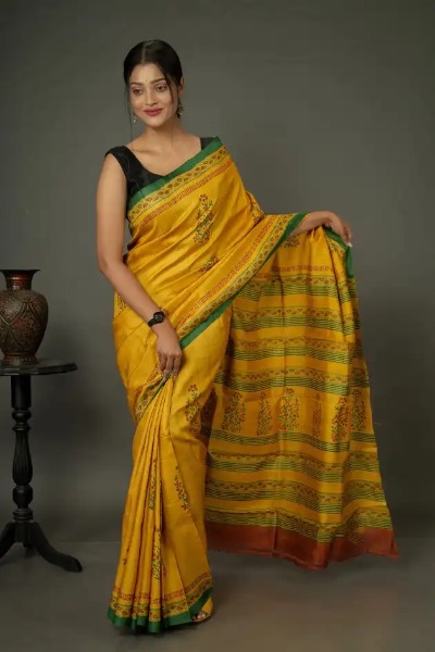 Printed Tussar Yellow Silk Saree with Green Border -Ramdhanu Ethnic