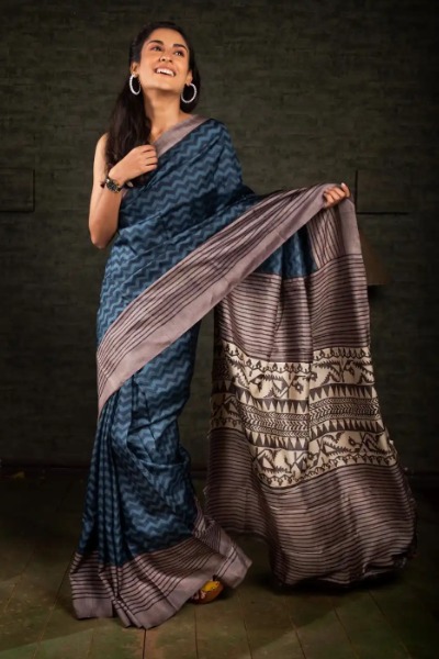 Block Printed Pure Tussar Grey Silk Saree -Ramdhanu Ethnic
