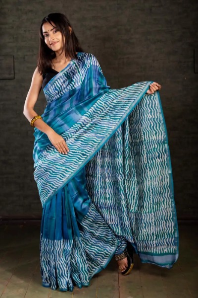Ocean Blue Chanderi Silk Hand Batik Saree -Ramdhanu Ethnic