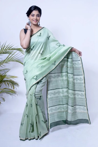 Hand Block Printed Green Chanderi Silk Saree -Ramdhanu Ethnic