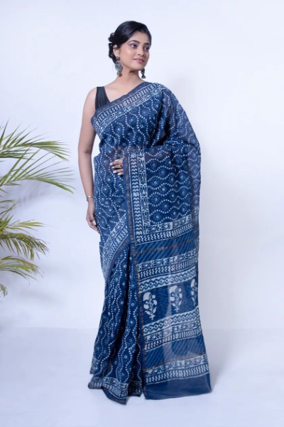 Stunning Indigo Printed Pure Silk Chanderi Saree With Blouse Piece