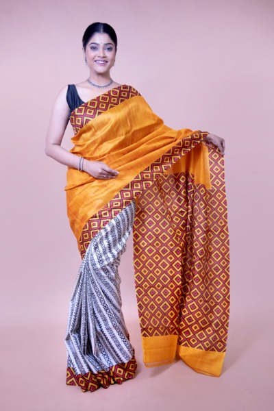 Block Printed Golden Yellow Soft Silk Saree -Ramdhanu Ethnic