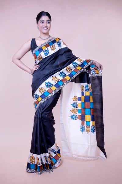 Block Printed Black Designer Saree in Mulberry Silk -Ramdhanu Ethnic