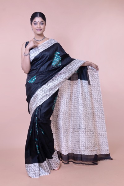 Hand Block Printed Black and White Silk Saree -Ramdhanu Ethnic