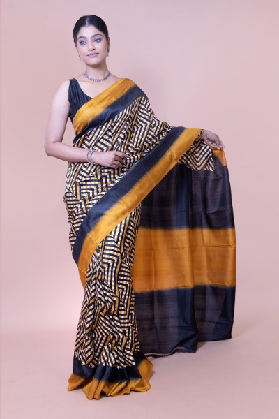 Yellow and Blue Silk Saree in Geometric Pattern -Ramdhanu Ethnic