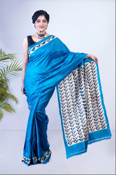 White and Blue Banarasi Silk Saree - Urban Womania