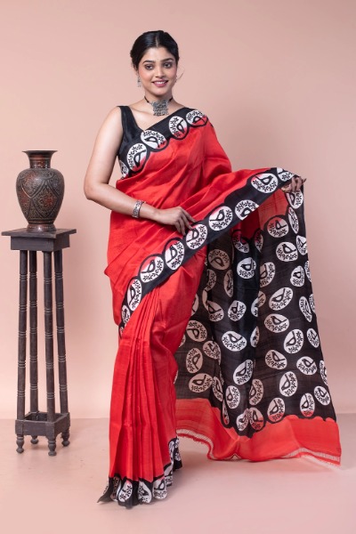 Red and black handwoven silk sambalpuri saree – GoCoop
