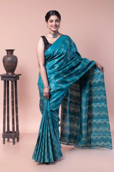 Turquoise blue Tussar silk saree – Silk Ethnics