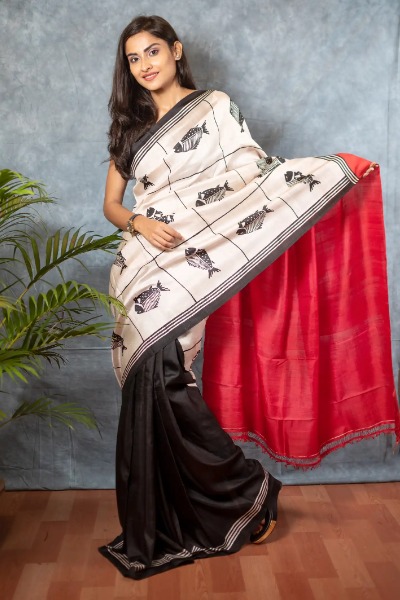 Hand Block Printed Silk Saree from Bengal -Ramdhanu Ethnic
