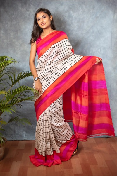 Elegant Check Silk Saree from Ramdhanu Ethnic -Ramdhanu Ethnic