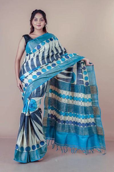Shop this exclusive Blue and white zari tussar silk saree -Ramdhanu Ethnic
