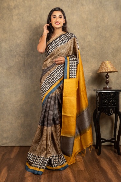 Light brown tussar silk block print saree -Ramdhanu Ethnic