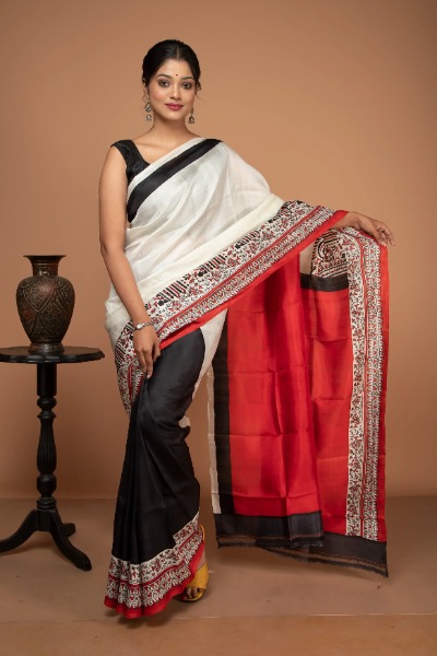 Black and red combination silk saree from Ramdhanu Ethnic -Ramdhanu Ethnic